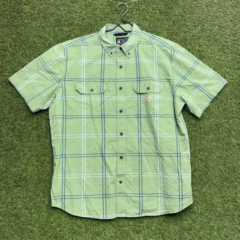 Carhartt Button Down Shirt Mens XL Green Plaid Short Sleeve Loose Fit TW4625-M